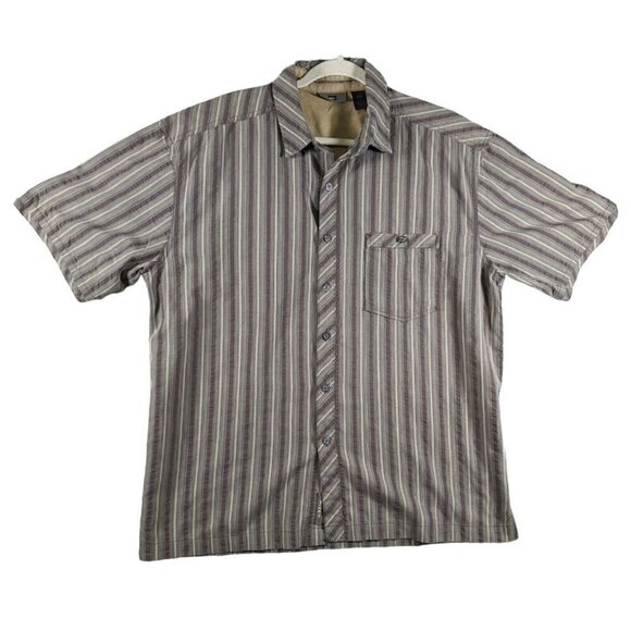 REI Button Shirt Mens Large Cotton Poly Green Gray Stripe Short Sleeve - Picture 1 of 11